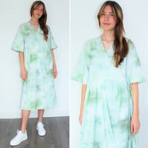 Ganni Green Poplin Watercolor Wrap Organic Cotton Midi Dress